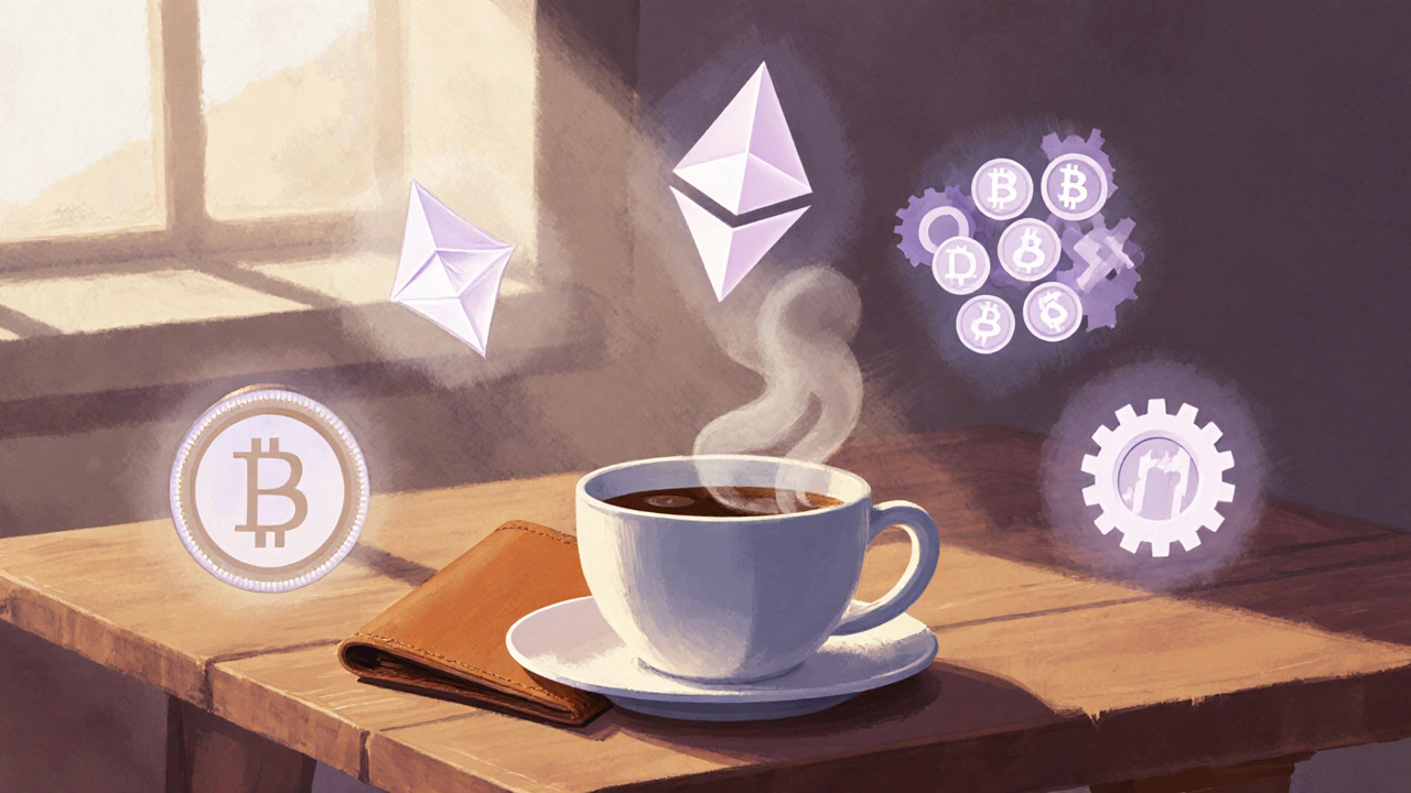 Cartera hardware segura rodeada de siluetas de criptomonedas, ambiente tranquilo.