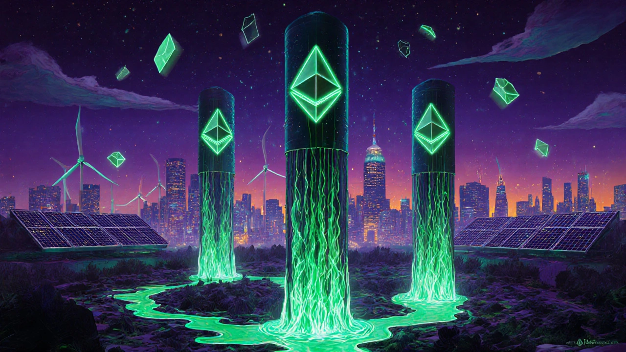 Escena futurista que muestra validadores de Ethereum en PoS con energía verde y fragmentos de cadena.