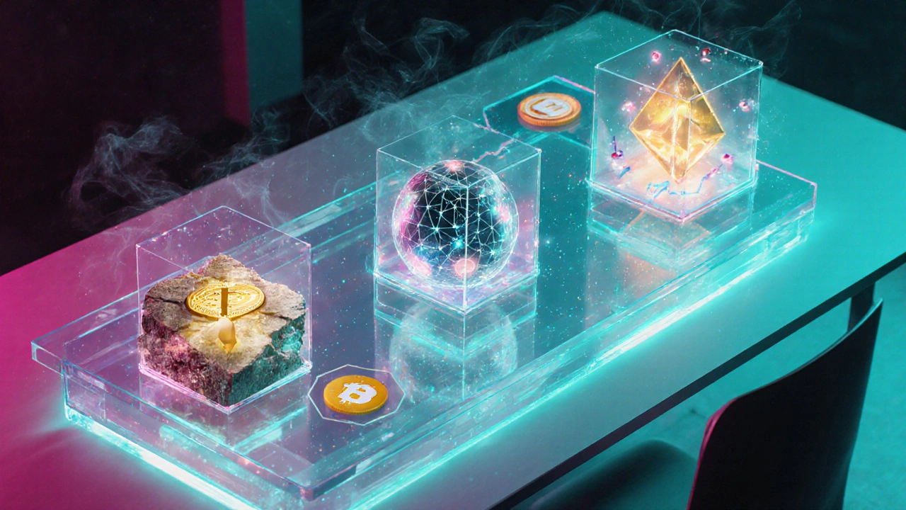 Panel holográfico muestra capas de Bitcoin, Ethereum, altcoins, stablecoins y DeFi.