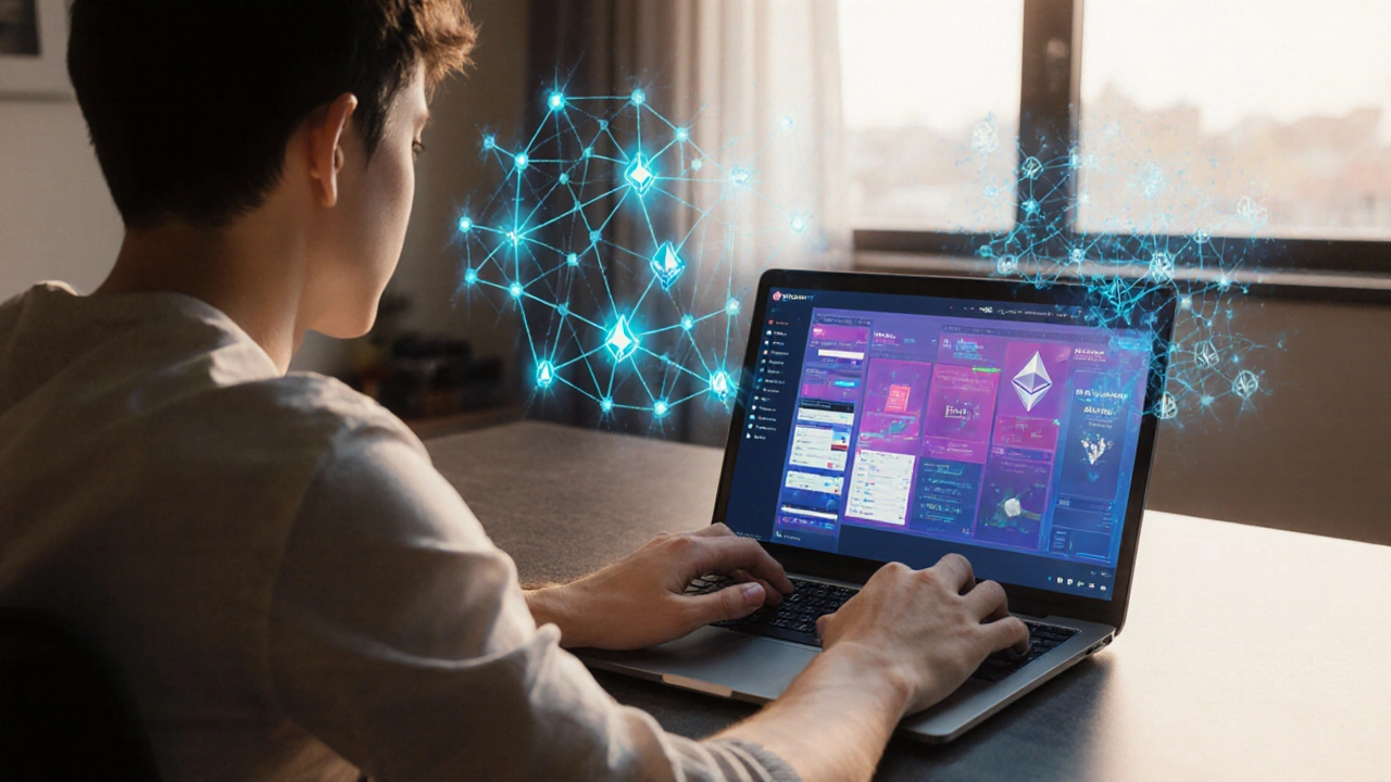 Persona usando una computadora para interactuar con una DApp, rodeada de iconos de DeFi y NFT.