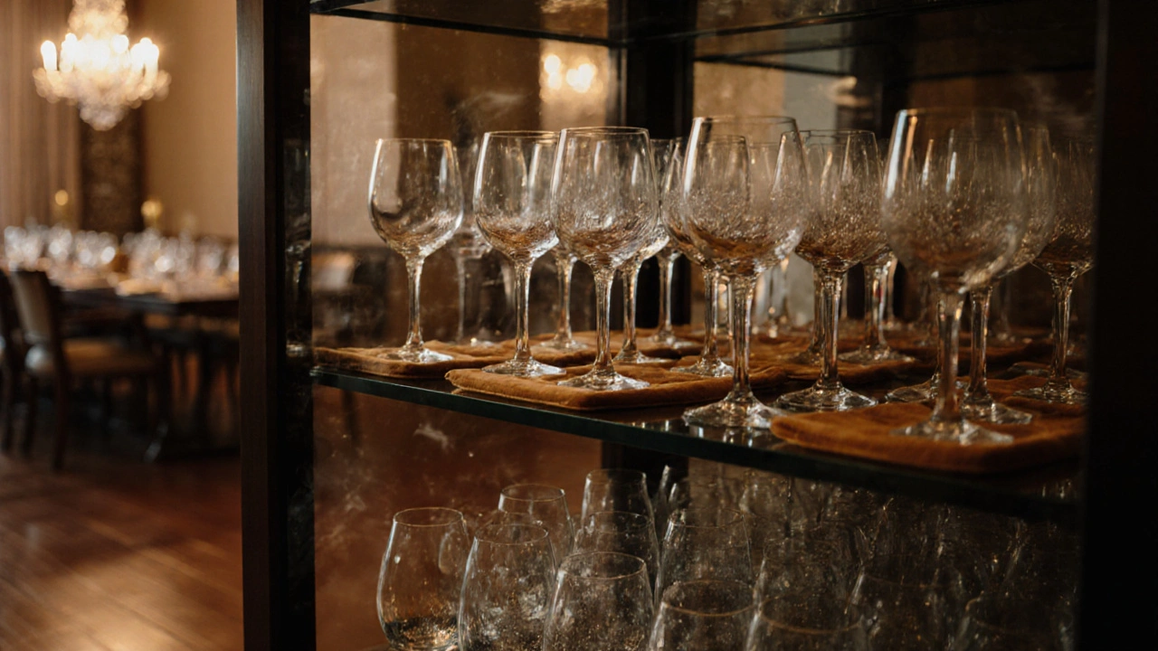 Armario de cristal perfectamente organizado con copas y vasos listos para una cena.