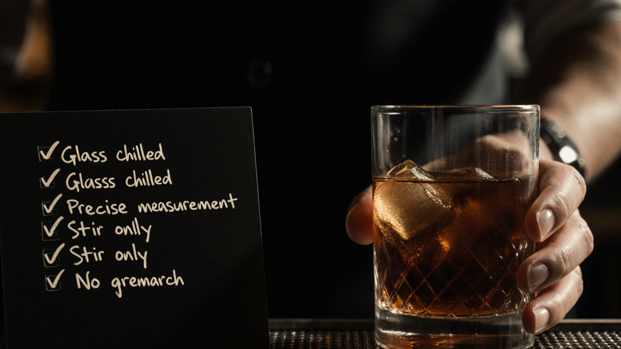 Bartender en ambiente noir verificando una lista y sirviendo un Old Fashioned limpio sin hielo.