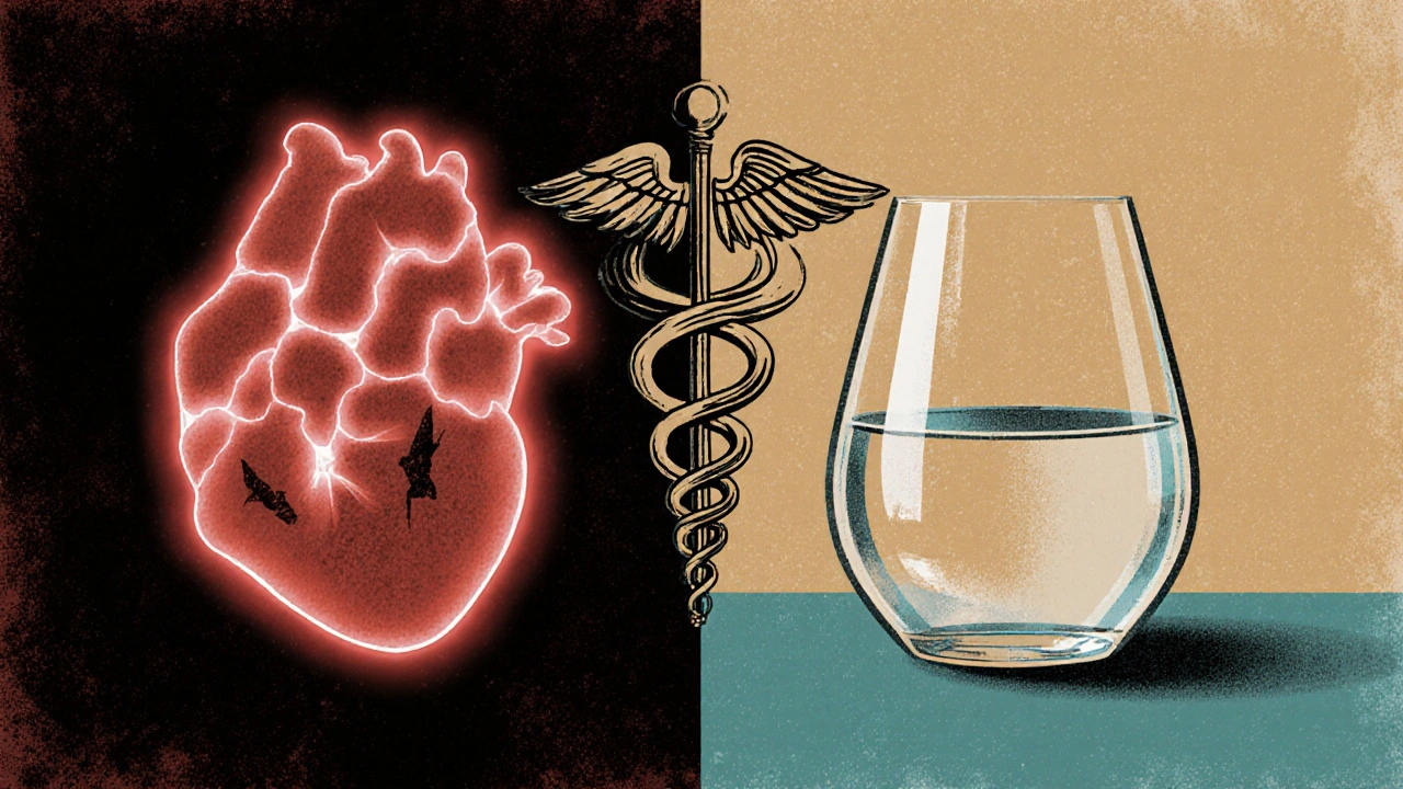 Corazón estilizado y copa medidora junto a vaso de agua, simbolizando salud.