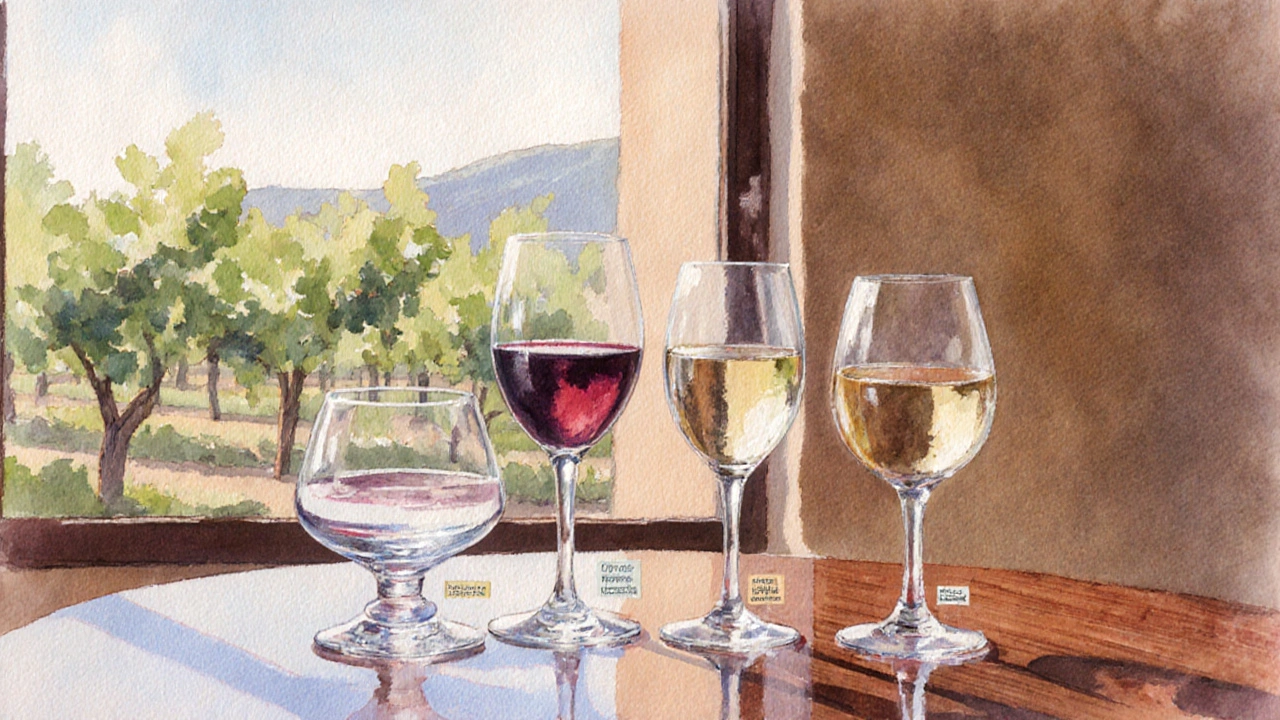 Cuatro copas diferentes (Burgundy, Burdeos, universal, estrecha) sobre mesa de madera