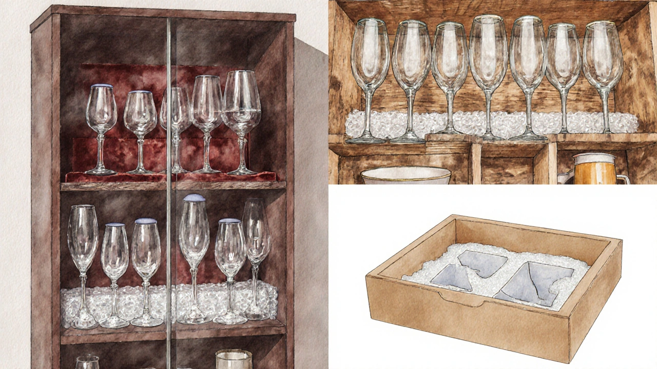 Cuatro métodos de almacenamiento: armario de cristal, estantería de madera, cajón con separadores y caja con espuma.