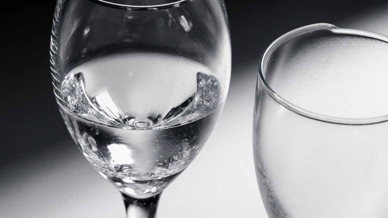 Detalle macro de una copa de vino pulida y una de agua con paredes más gruesas y acabado mate.