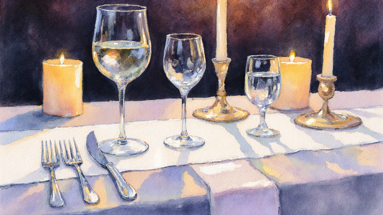 Escena de cena formal con copas de vino y agua dispuestas según etiqueta bajo luz de vela.