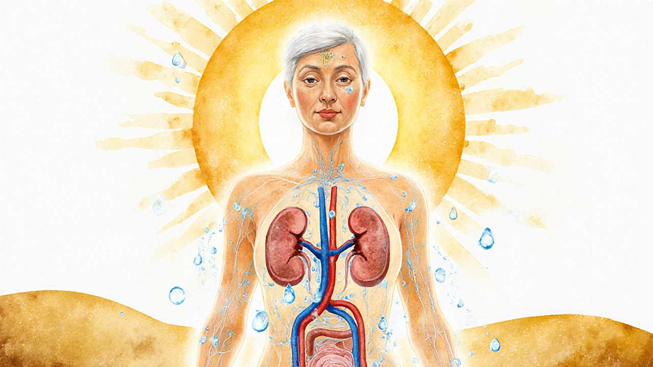 Figura femenina con órganos visibles, recorridos por gotas de agua que simbolizan hidratación.