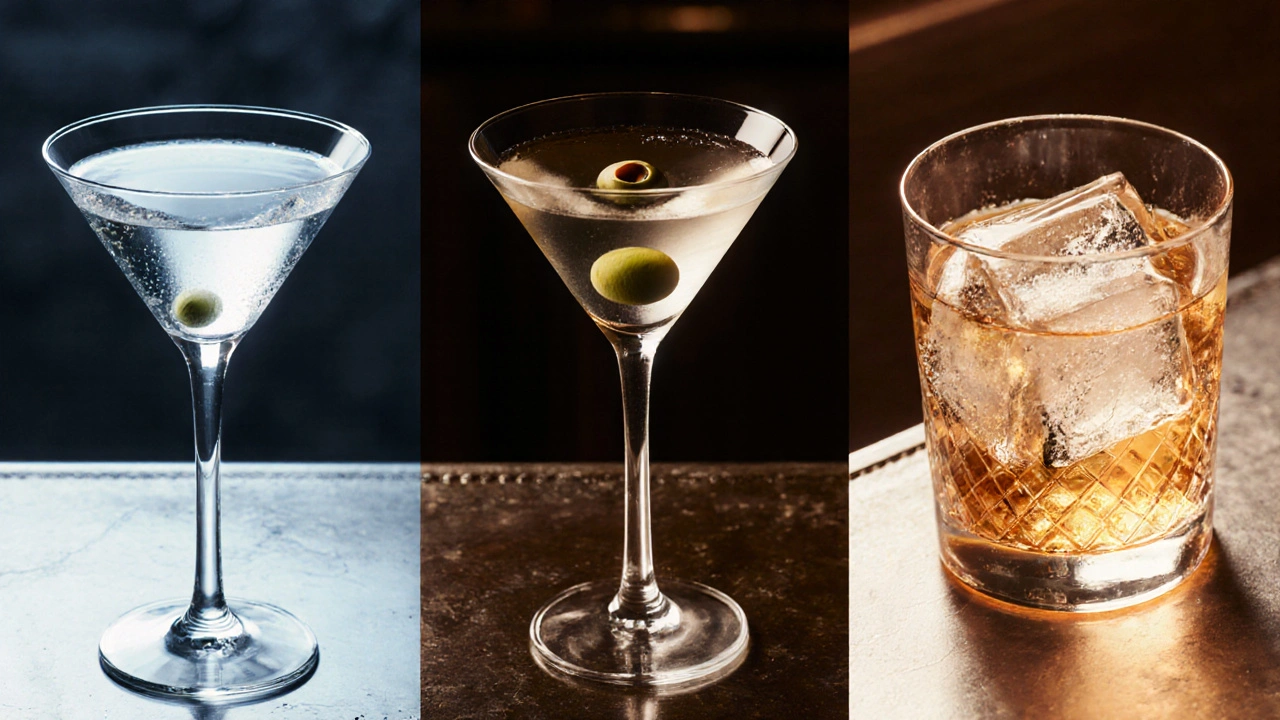 Ilustración comparativa de tres copas: Martini limpio, Martini sucio con aceituna y whisky on the rocks.