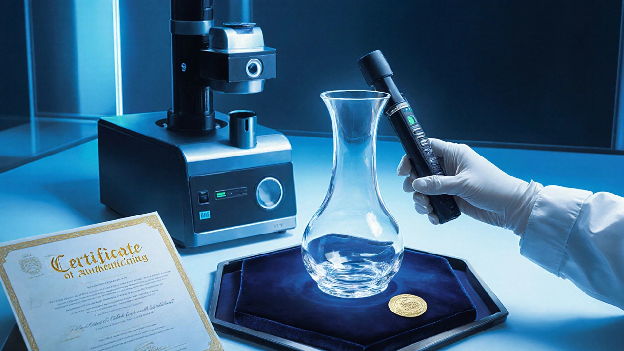 Laboratorio con análisis de cristal y certificado de autenticidad.