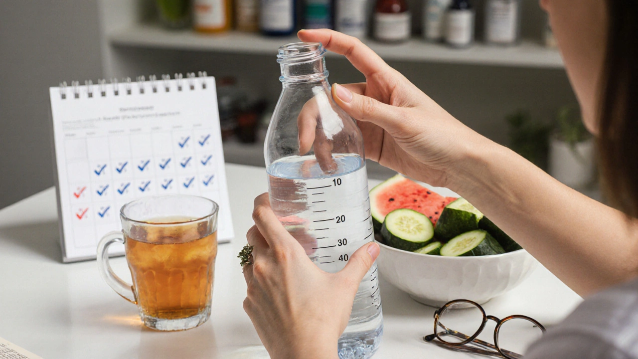 Manos de mujer sosteniendo una botella de agua con marcas de volumen y frutas hidratantes.