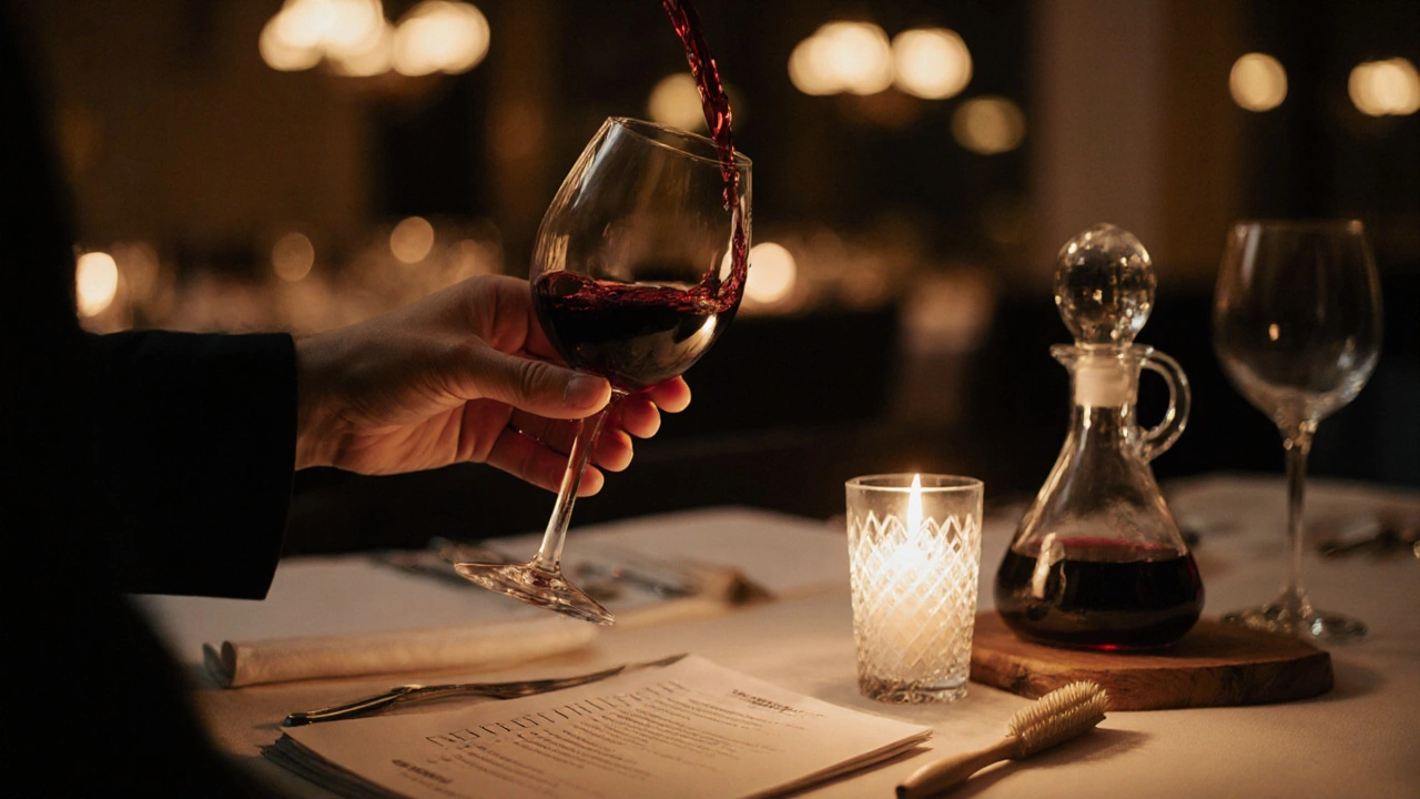 Mesa de cena con copa Burgundy de Pinot Noir, manos girando el vino y lista de verificación al lado