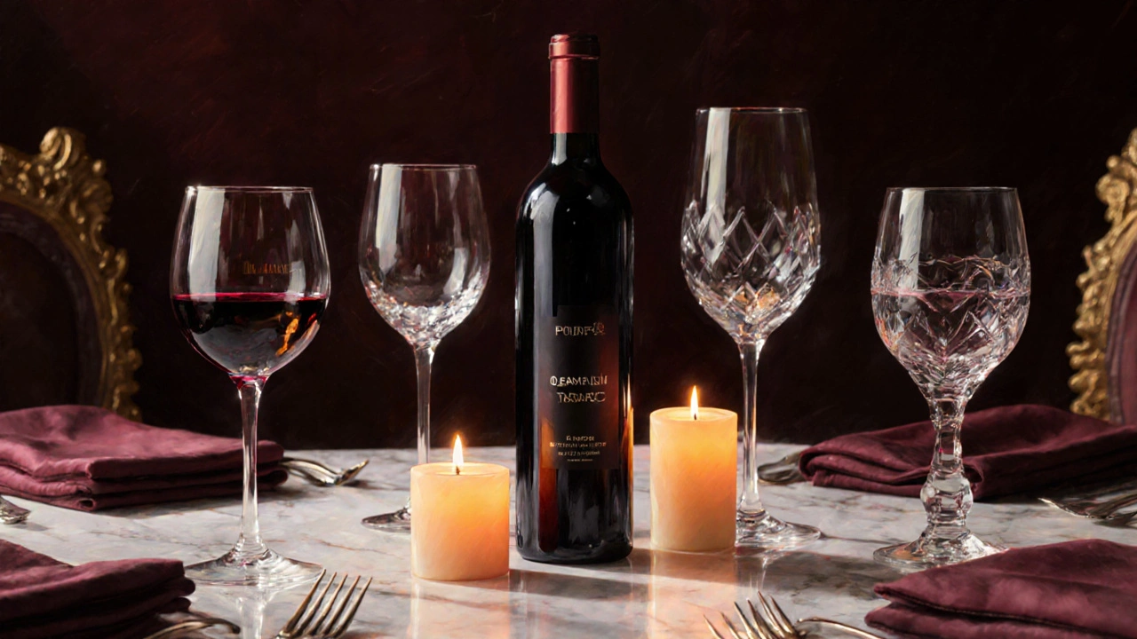 Mesa elegante con cinco copas de vino distintas, botella y velas, ambiente cálido y lujoso.