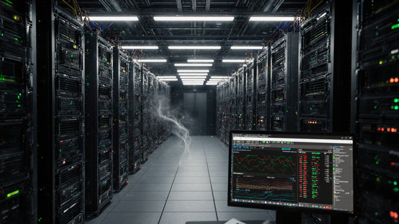 Sala de minería con filas de equipos ASIC iluminados y cables.