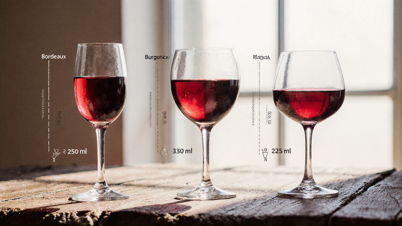 Tres copas (Burdeos, Borgoña, Rioja) comparadas, con vino a medio nivel y medidas visibles.