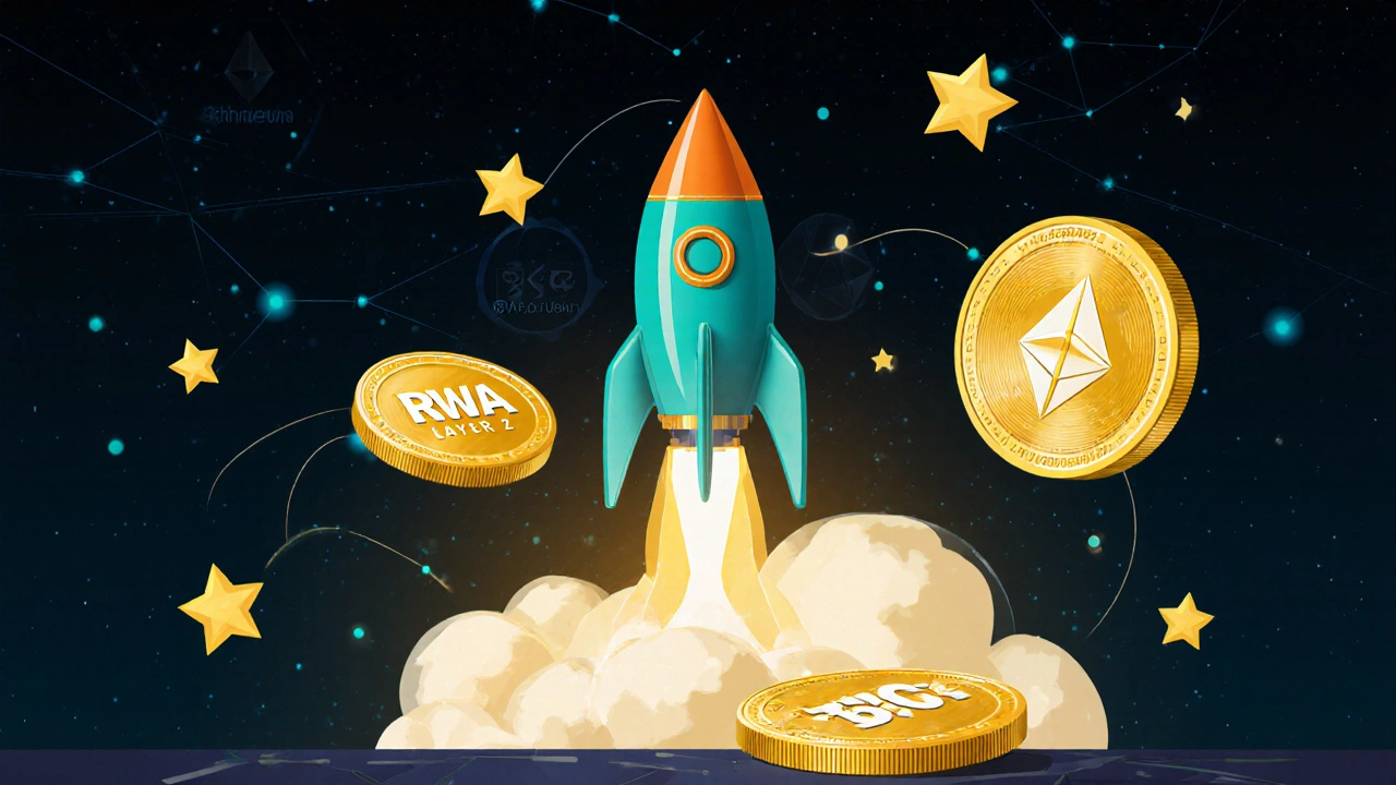 Un cohete de launchpad despegando de una red blockchain, con tokens como estrellas en su estela.