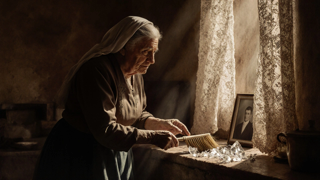 Anciana barriendo fragmentos de cristal en una cocina rural de León, con luz de ventana.