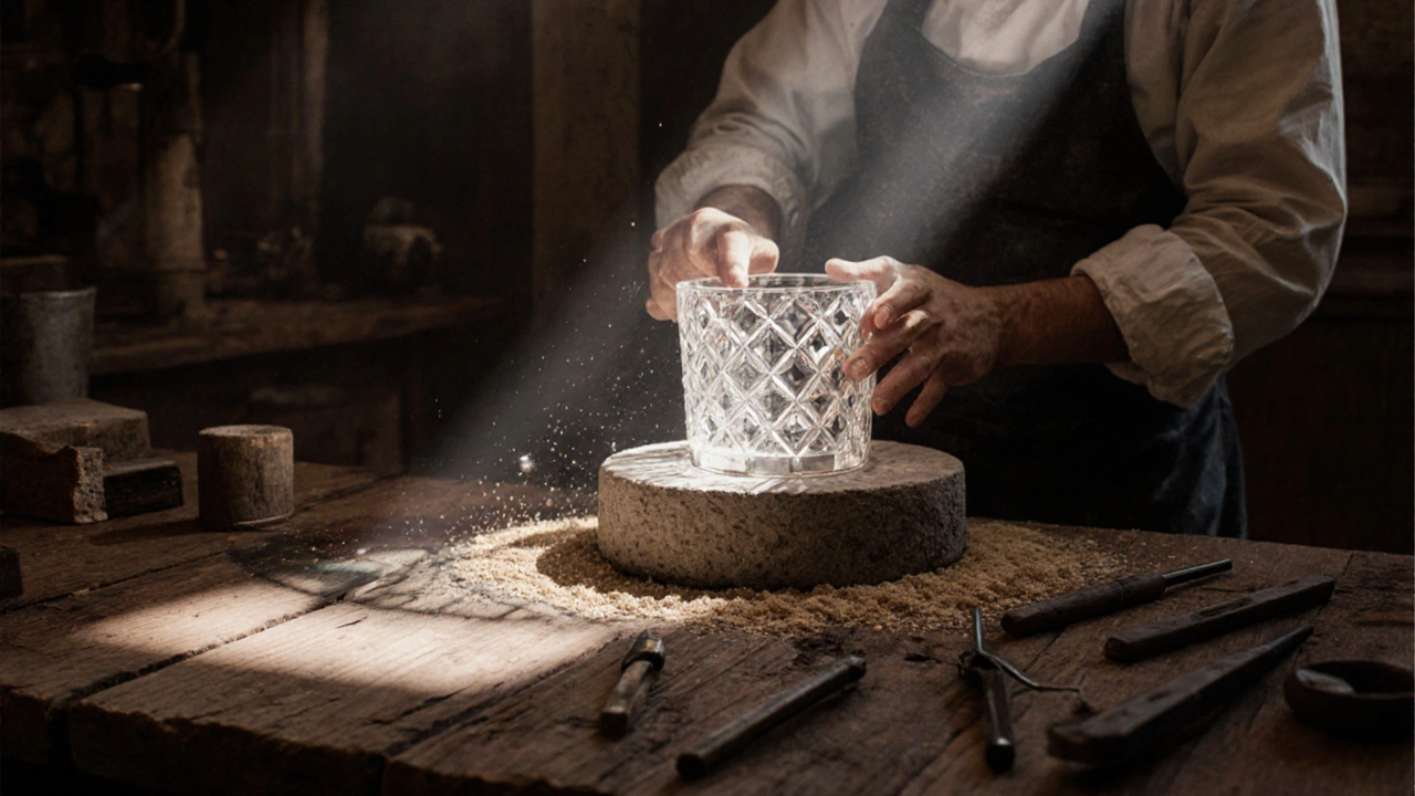 Artesano tallando patrones en una copa de cristal con rueda de piedra en un taller español.