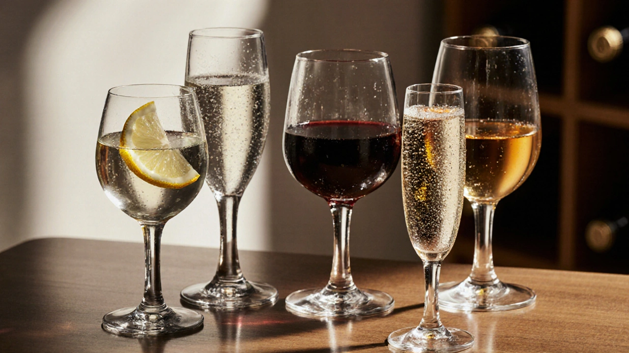 Cinco tipos distintos de vasos para bebidas, cada uno con su líquido correspondiente, sobre una superficie de madera con condensación y detalles naturales.