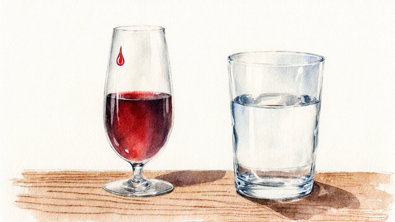 Comparación cercana de una copa de vino estrecha y una de agua ancha, ambas sobre madera.