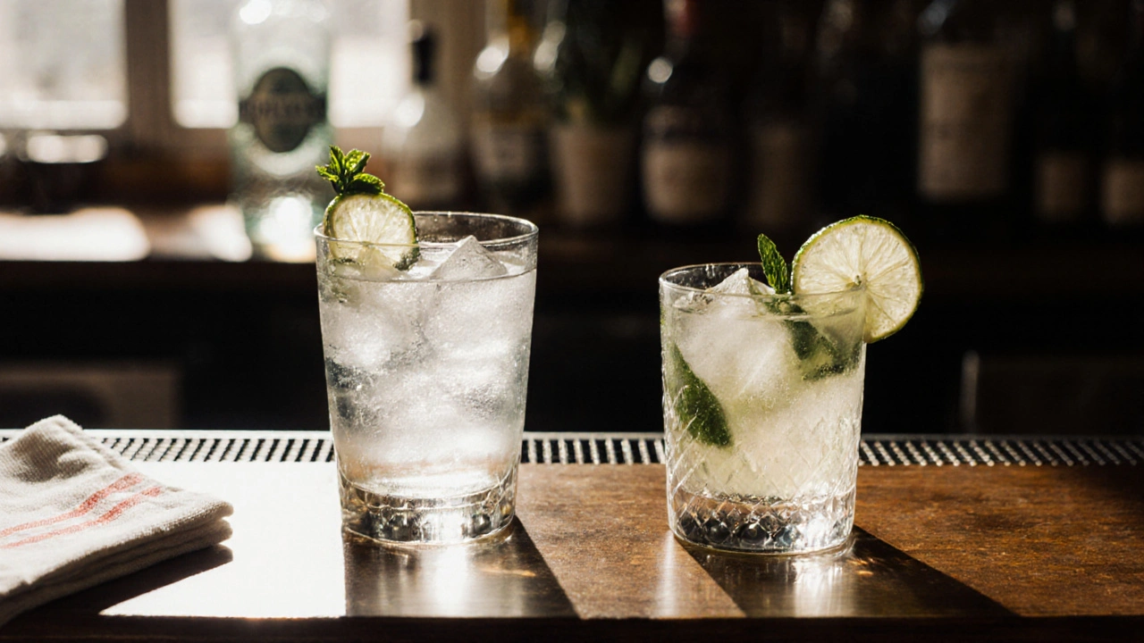 Comparación de dos vasos: highball con gin tonic y collins con mojito sobre madera.
