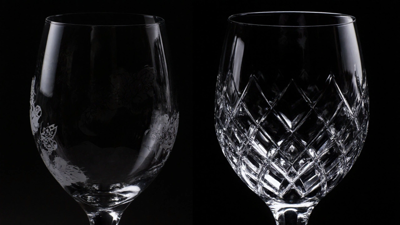 Comparación entre copa de vidrio común y cristal cortado con luz y textura distintas.