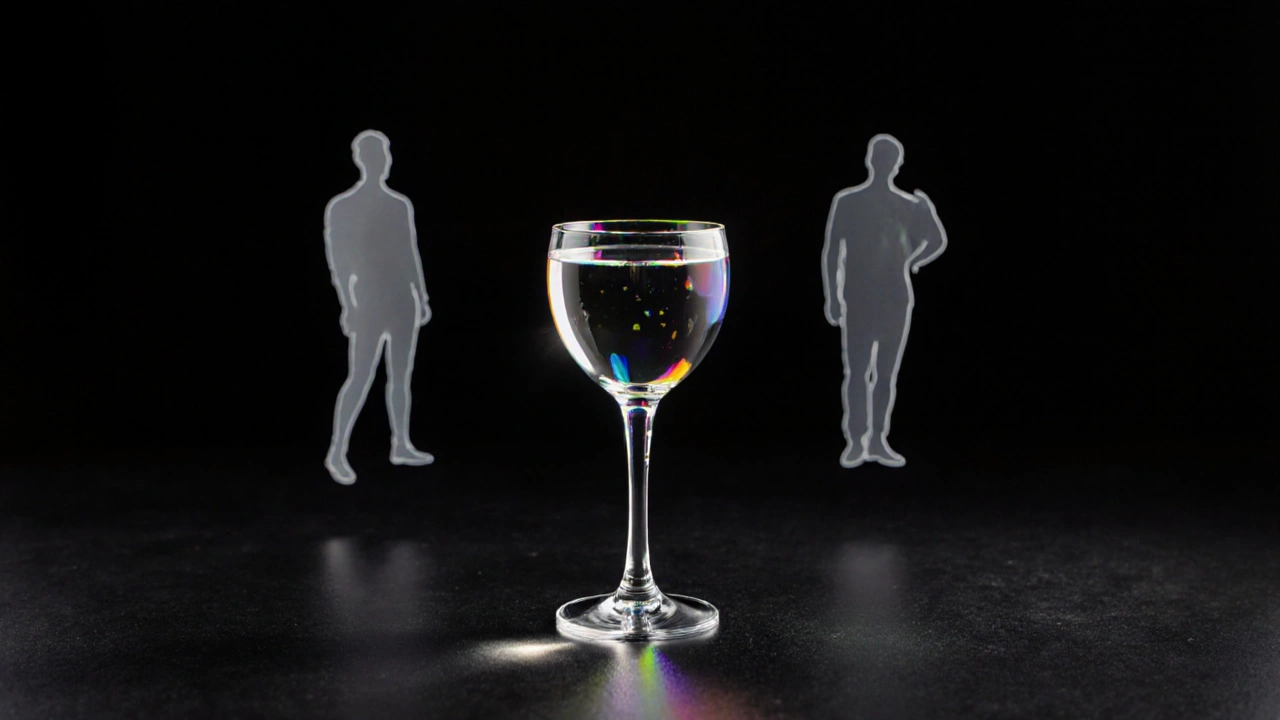 Copa de cristal fino que refracta la luz en colores, rodeada de siluetas de formas de vino.