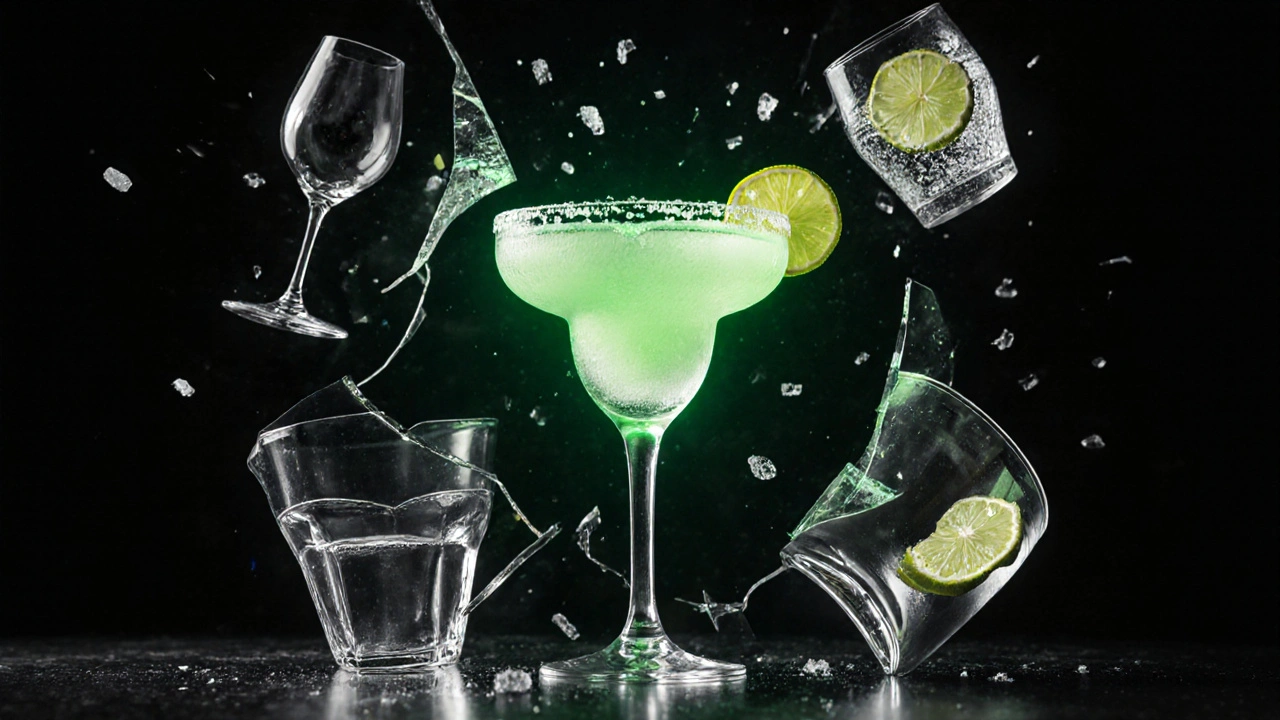 Copa de margarita intacta en el centro, rodeada por fragmentos que reflejan vasos incorrectos.