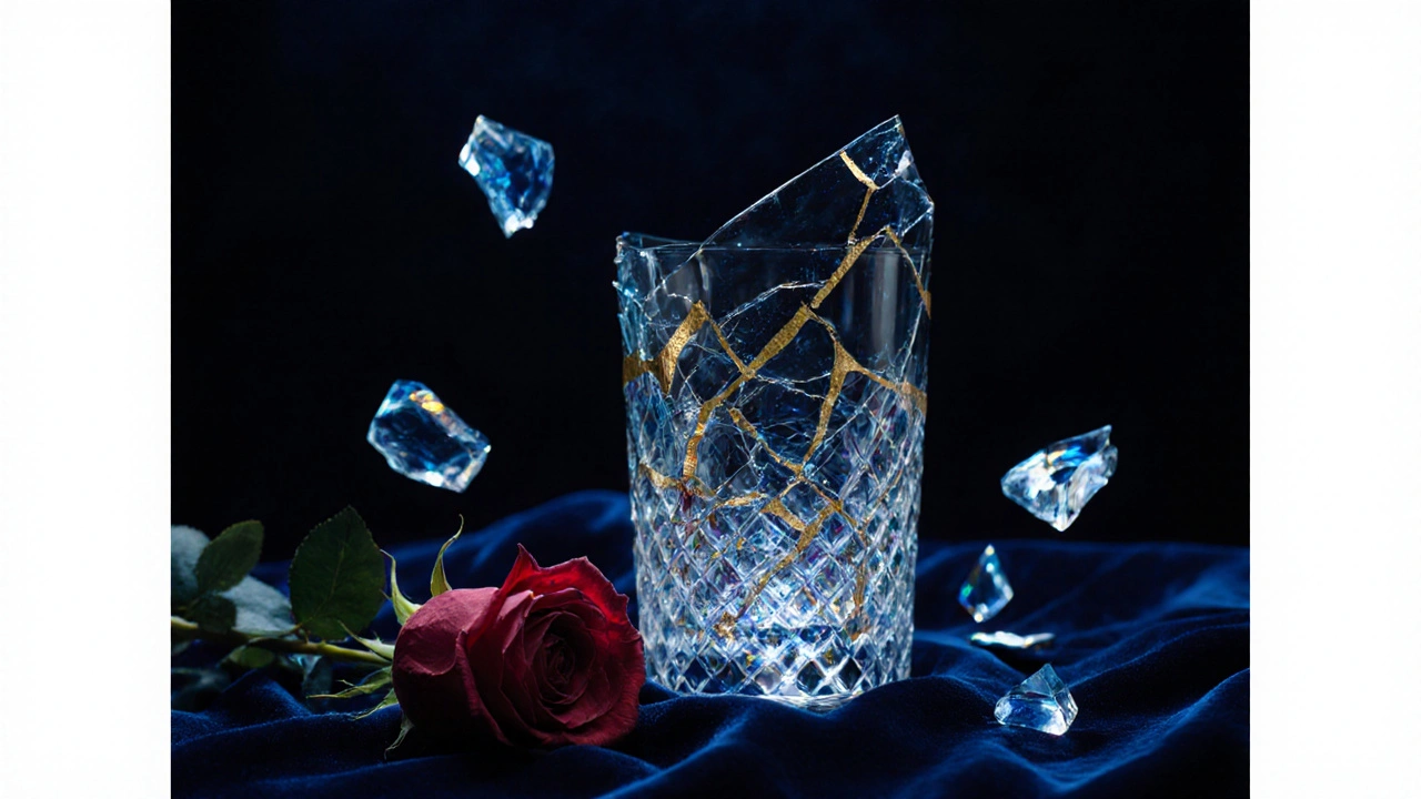 Copa rota con líneas doradas siguiendo las grietas, simbolizando la reparación y la belleza.