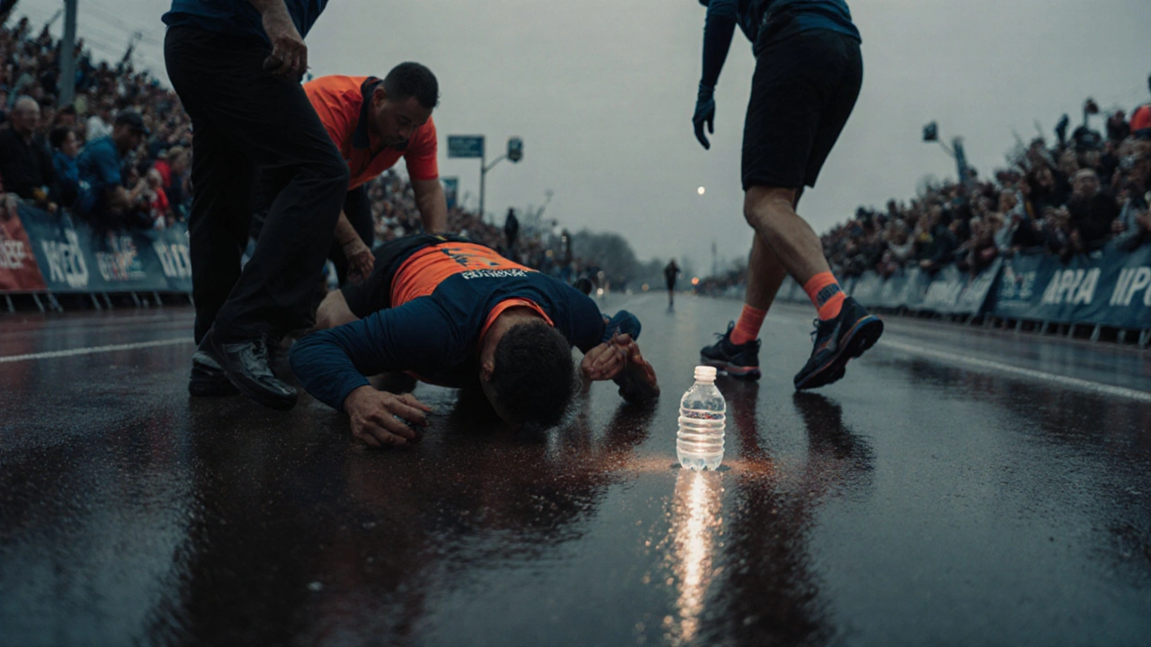 Corredor de maratón desmayado en la pista mientras el personal médico lo atiende.