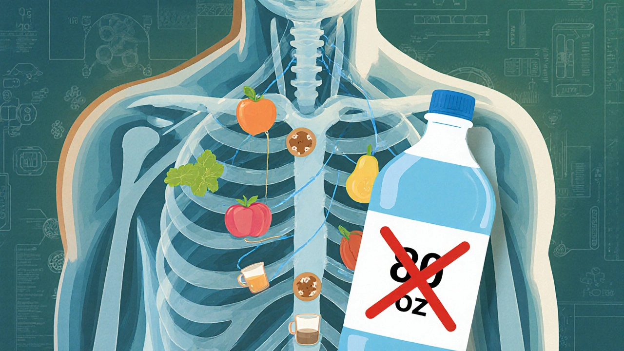 Cuerpo humano con flujos de agua desde alimentos y bebidas, cruzado por un símbolo de &#039;80 onzas&#039;.