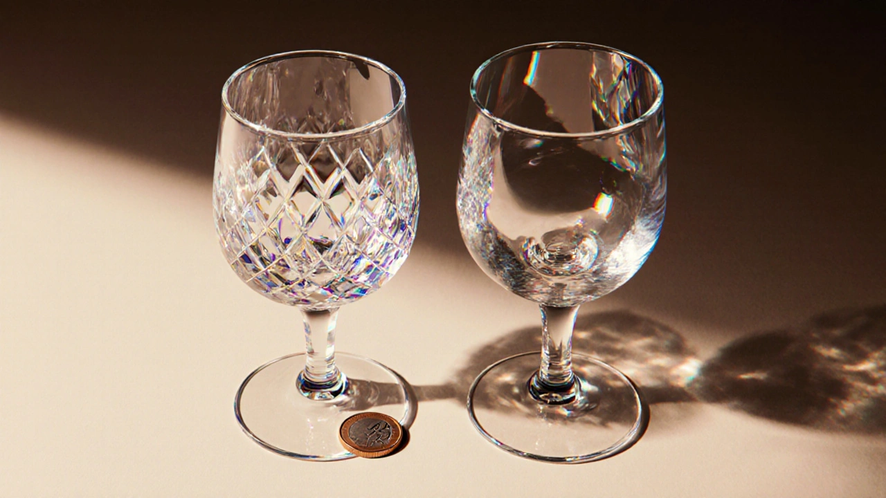 Dos copas comparadas: una de cristal con arcoíris y borde delgado, otra de vidrio común con borde grueso y sin brillo.