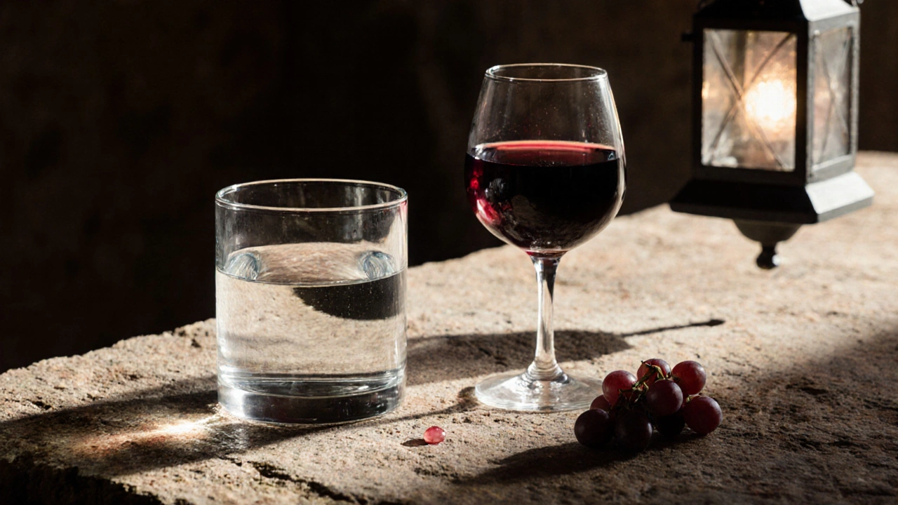 Dos copas simples en una mesa rústica: agua a la izquierda, vino tinto a la derecha.