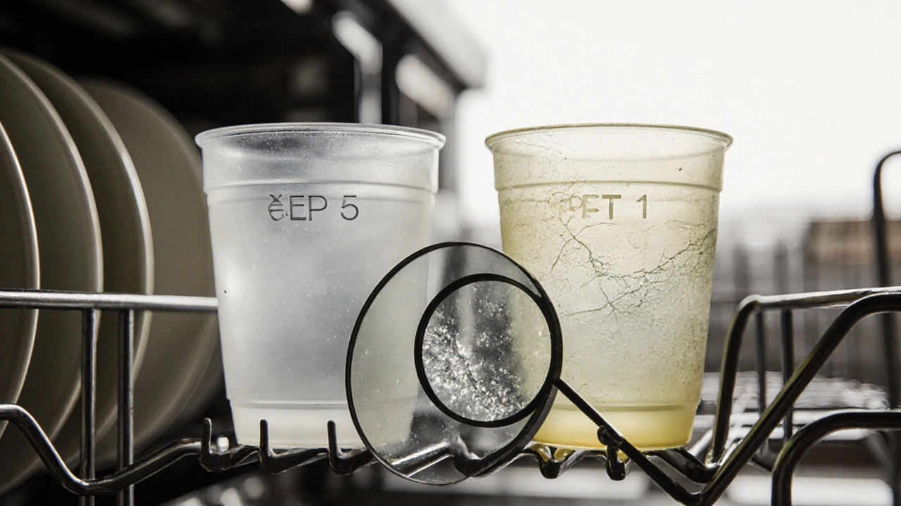 Dos vasos en un lavavajillas: uno brillante de PP y otro amarillo y agrietado de PET, con luz natural de fondo.