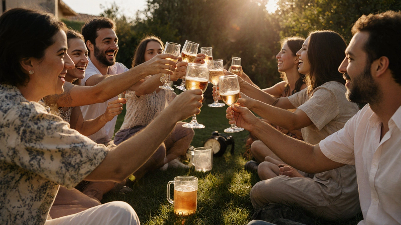 Grupo de personas brindando en un jardín, con copas variadas, mirándose a los ojos en un momento cálido y auténtico.