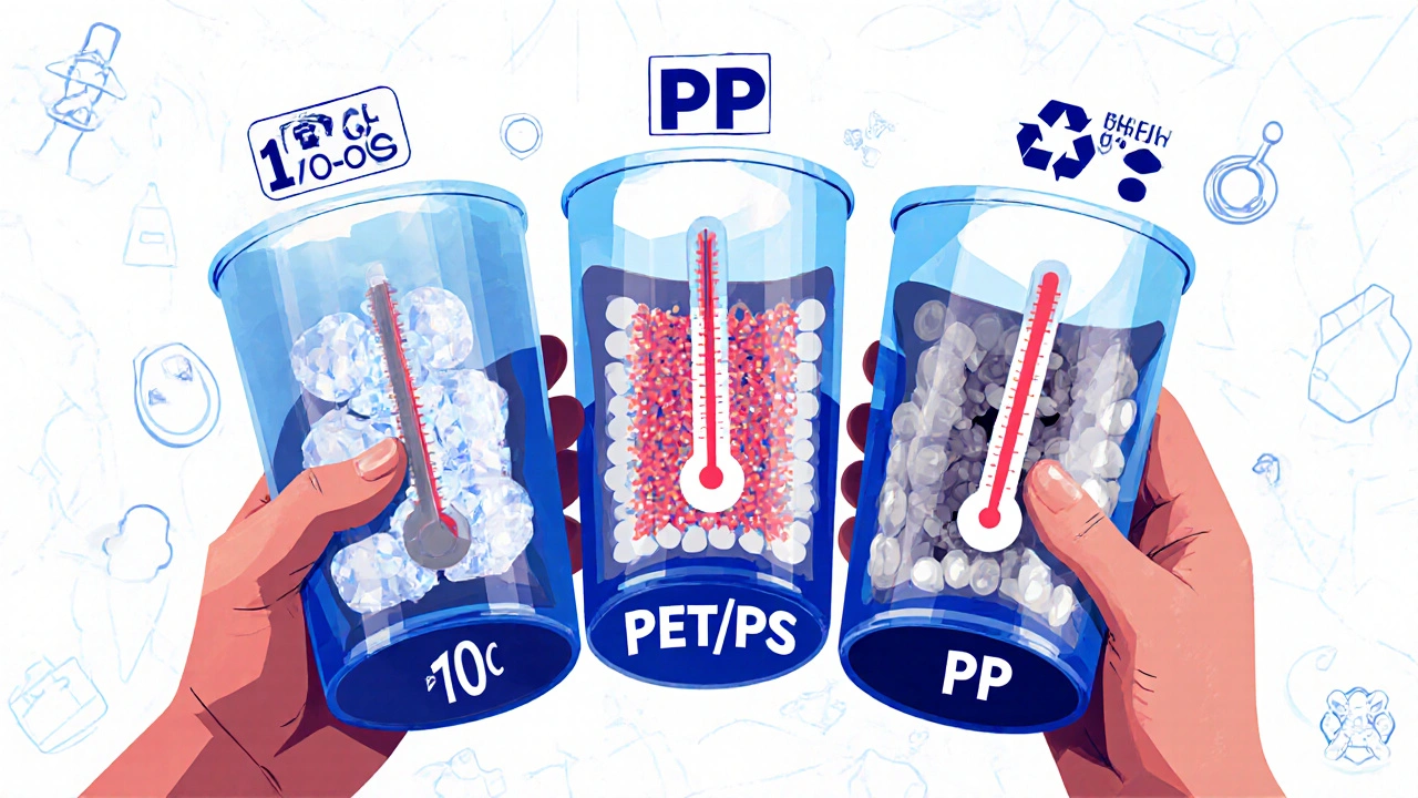 Ilustración educativa de tres vasos de plástico con cortes transversales que muestran sus estructuras moleculares y temperaturas de resistencia.