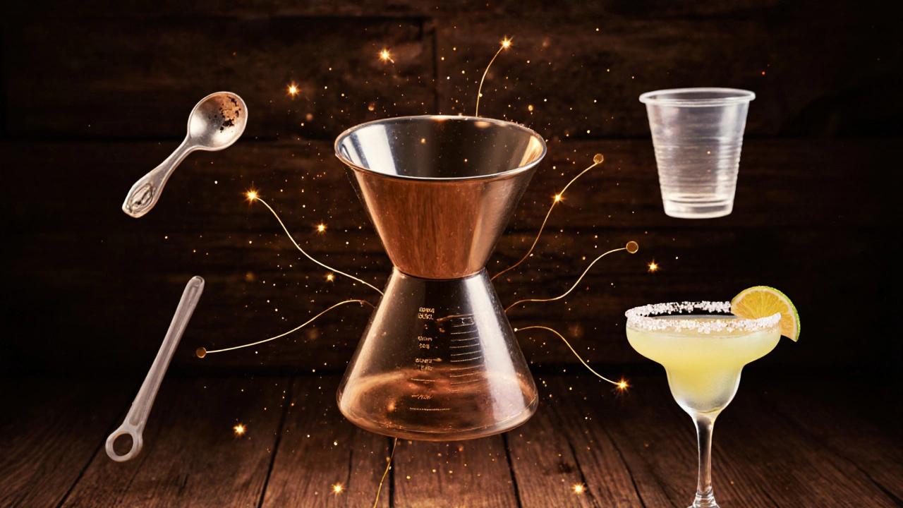 Jigger como centro de precisión en cócteles, rodeado de instrumentos inexactos y un cóctel perfecto.