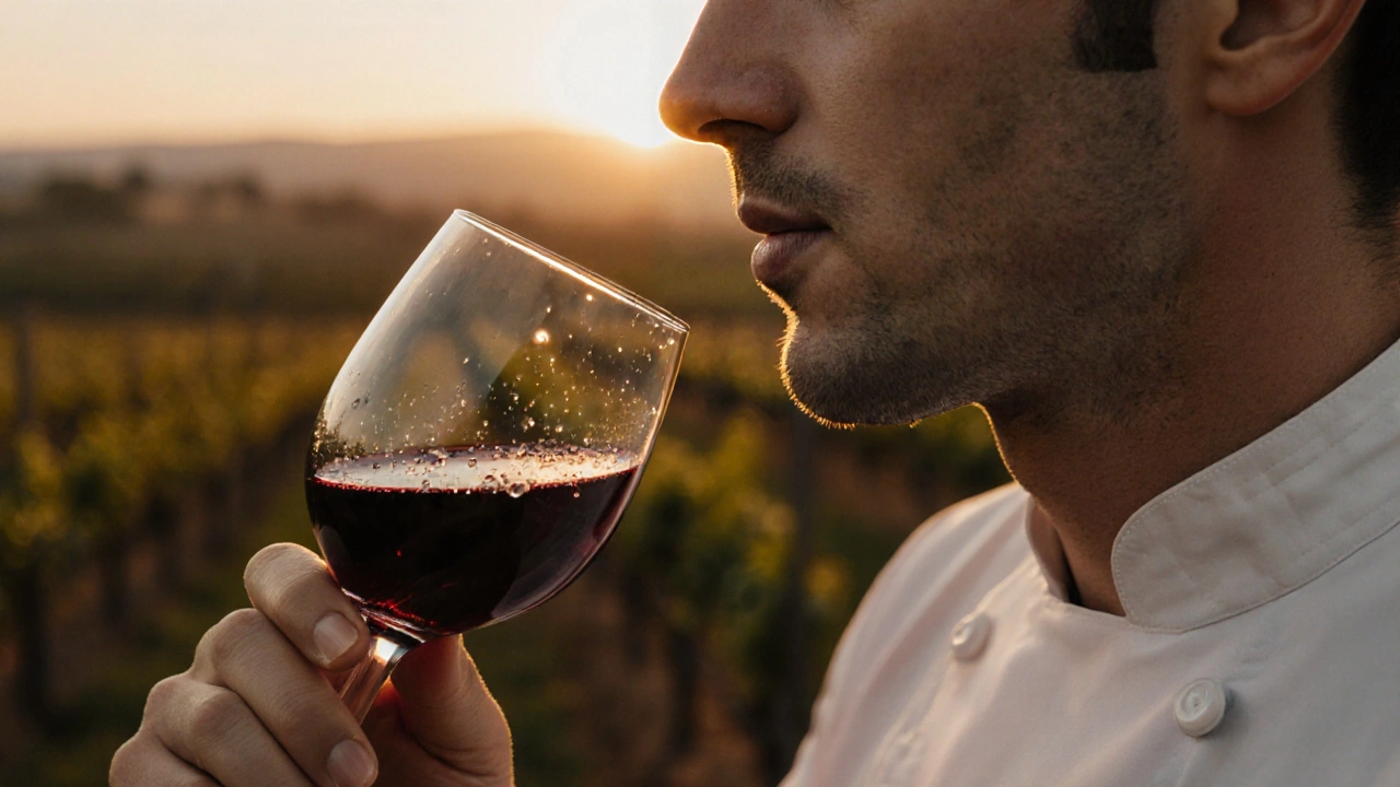 Mano de un sumiller ofreciendo un sorbo de agua tras probar vino, gotas en los labios.