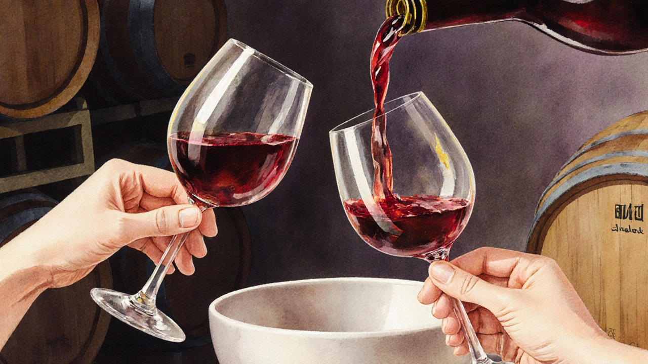 Mano sosteniendo una copa de vino por el tallo mientras se vierte vino tinto, con reflejos de luz y fondo de bodega suave.