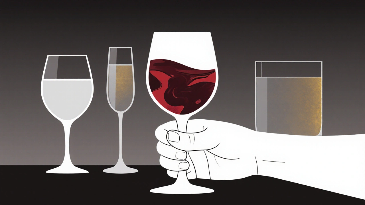 Mano sosteniendo una copa de vino tinto, con siluetas borrosas de otras copas de bebida en el fondo, en estilo minimalista y monocromático.