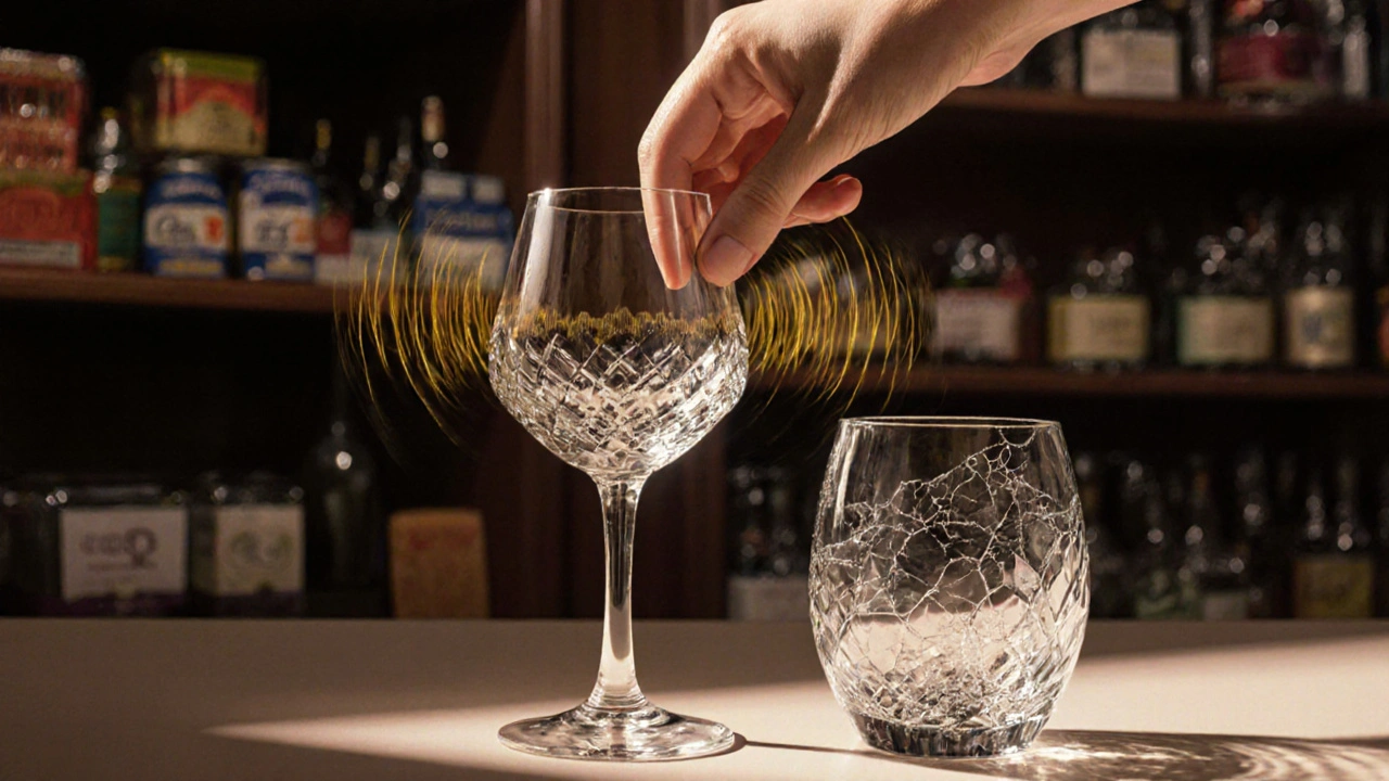 Mano tocando una copa de cristal que emite ondas de sonido, comparada con una copa de vidrio opaca.