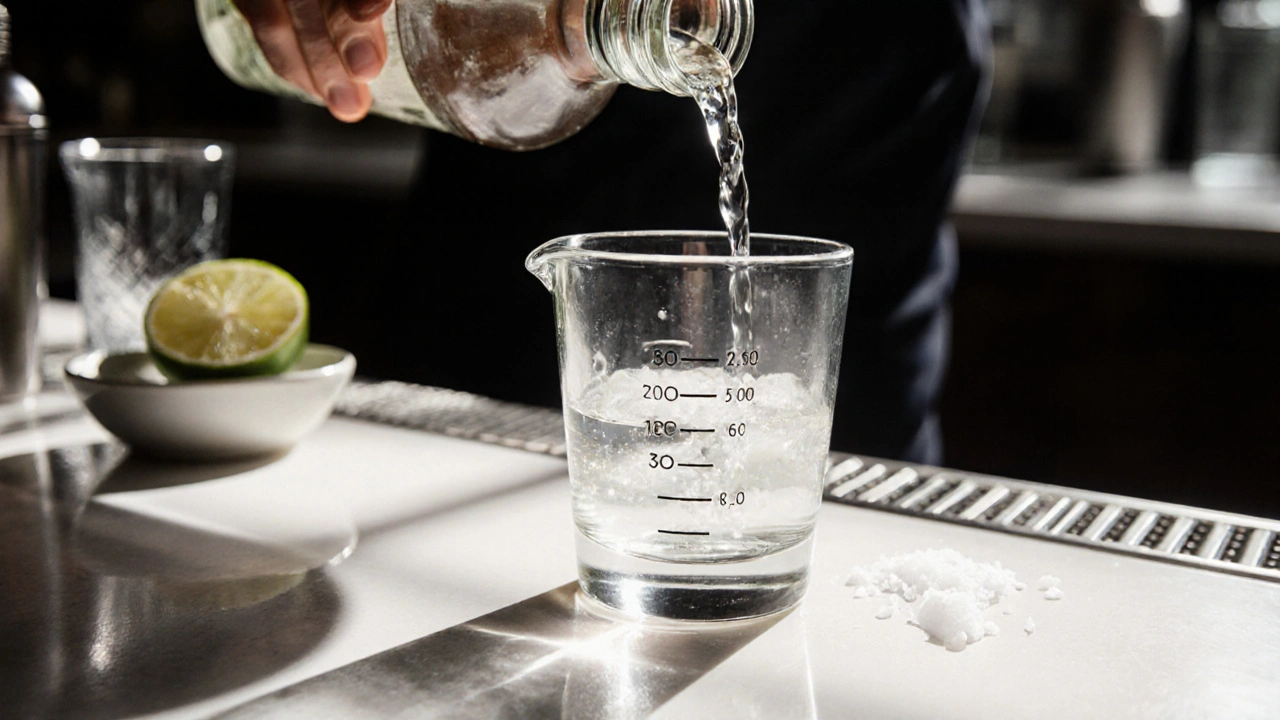 Mano vertiendo tequila con precisión en un jigger hasta la marca de 2 onzas, con limón y sal alrededor.