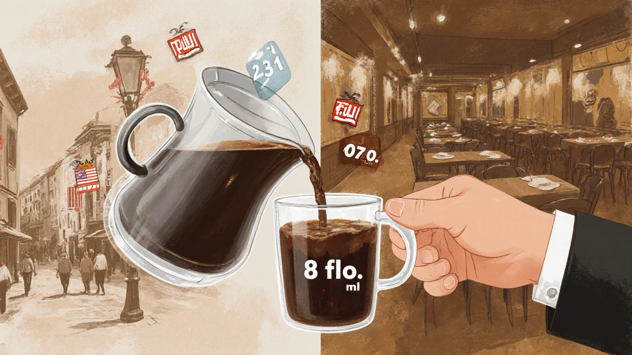 Mano vierte café en un vaso de 8 onzas con indicadores de volumen en el aire, fondo dividido entre EE.UU. y España.