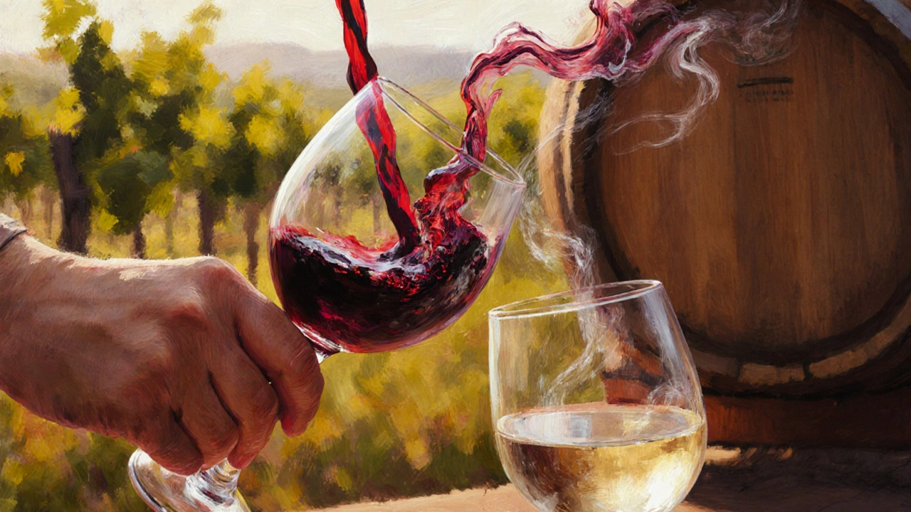 Mano vierte vino tinto mientras aromas flotan en forma de nubes suaves alrededor de la copa.