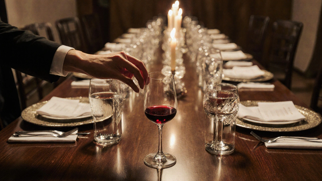 Manos colocando una copa de cava encima de una copa de vino tinto en una mesa formal.
