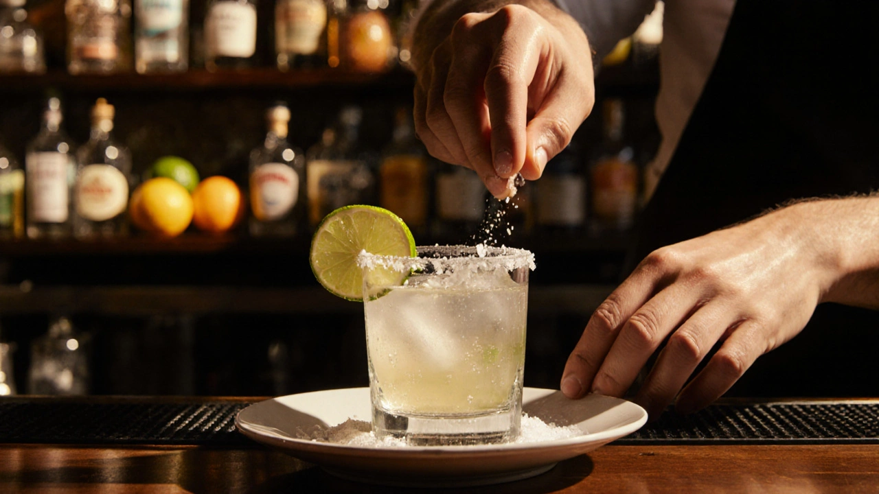 Manos de un camarero aplicando sal en el borde de una copa de margarita con una rodaja de lima.
