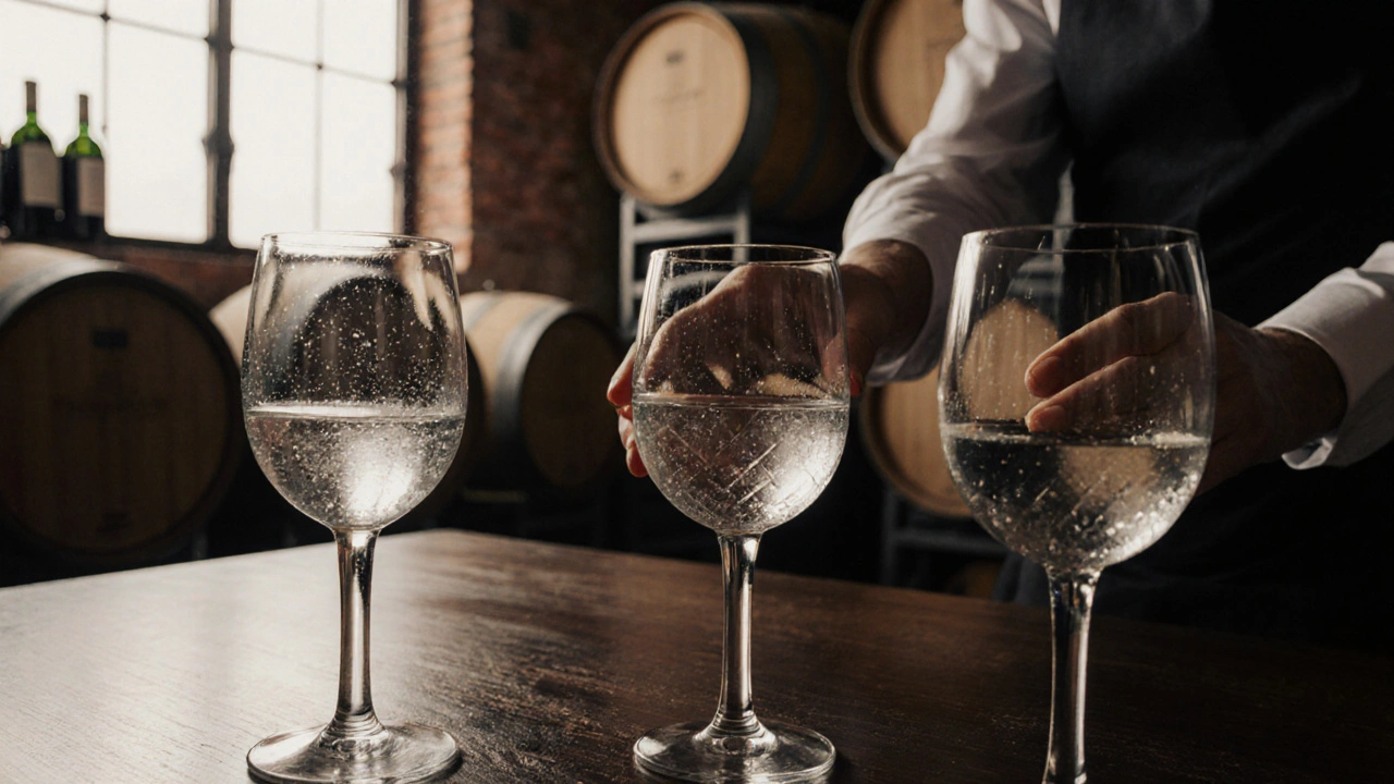 Manos de un sumiller colocando una copa de agua a la izquierda de copas de vino en una bodega.