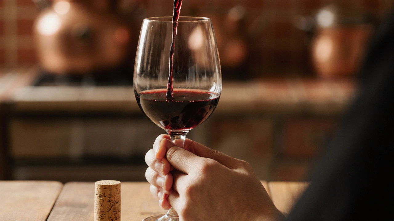 Manos sujetando una copa de vino por el tallo, evitando el bulbo, con una gota de vino tinto adherida.