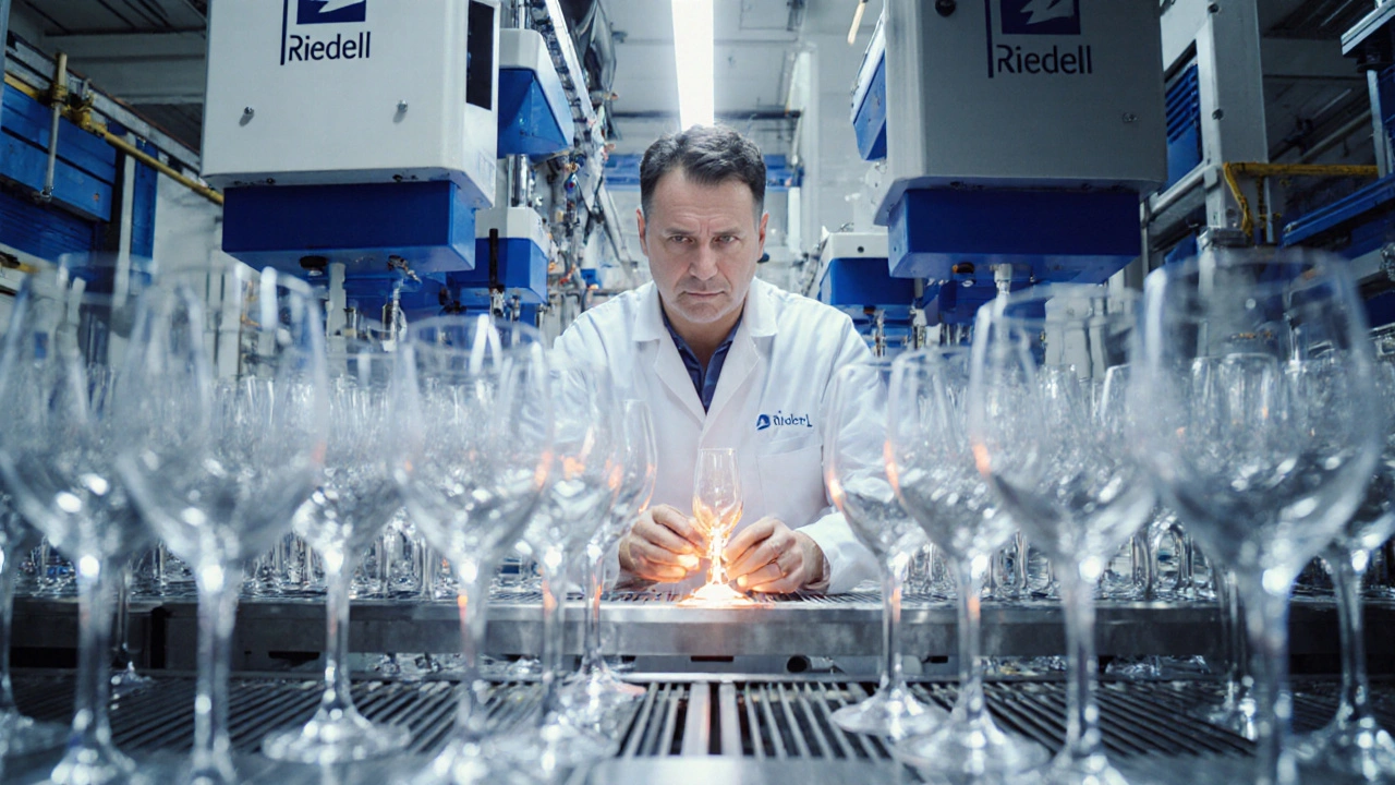 Máquinas produciendo copas Riedel Performance en una fábrica austriaca moderna.