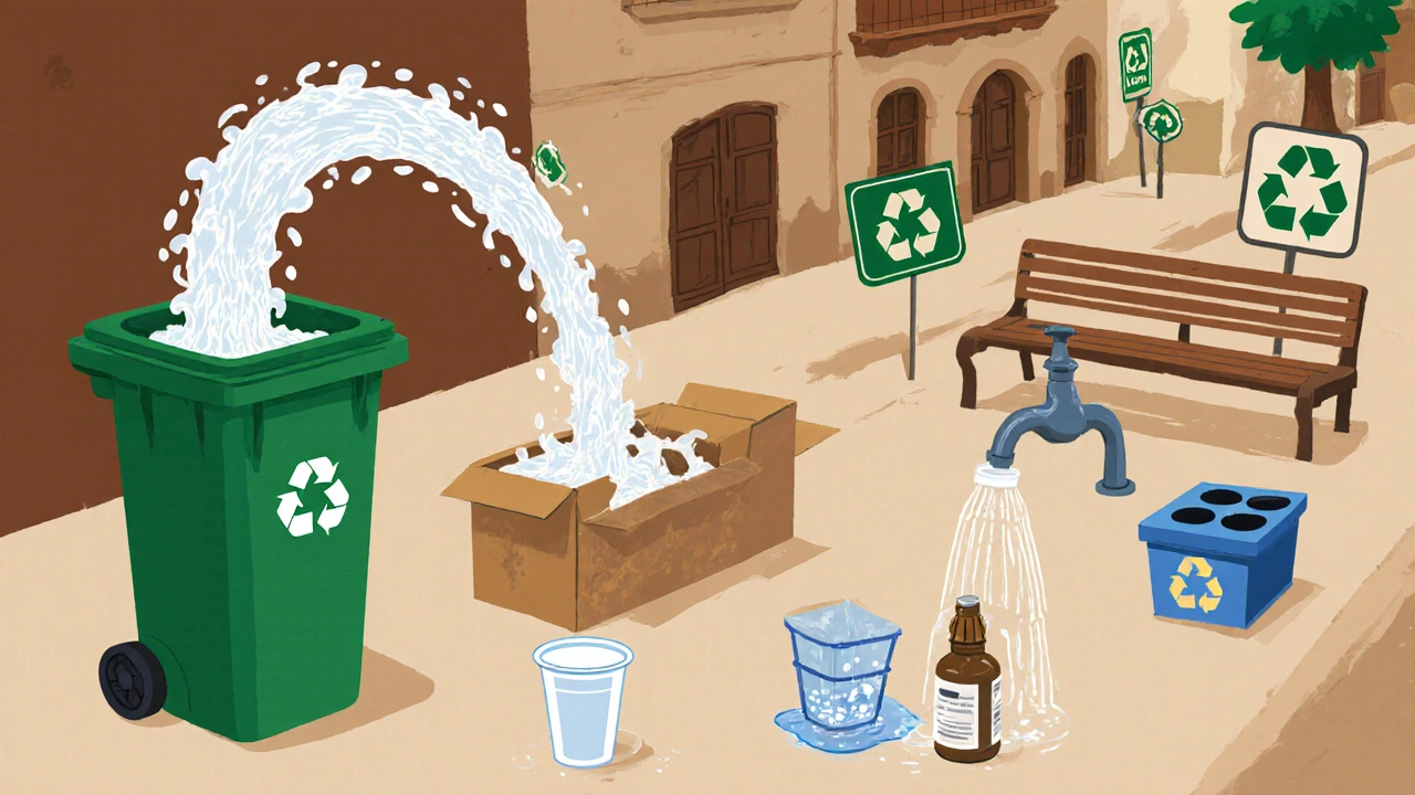 Polipropileno reciclado transformado en bancos urbanos, cajas de cartón y contenedores de reciclaje, con envases limpios al fondo en una calle española.